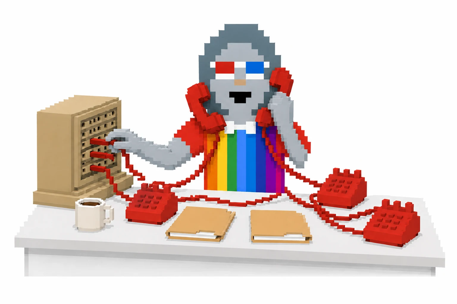 StonkSecretary answers the red telephones at her switchboard, surrounded by messages and manila files.